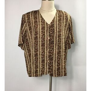 Ashley Stewart blouse Womens Sz 18W brown Print short sleeve V neck button Shirt